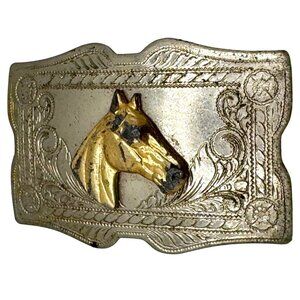 Silvertone Western Belt Buckle Gold Horsehead Engraved Floral Rope Design Vtg